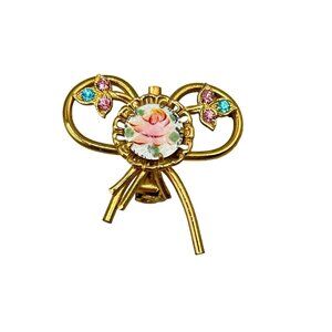 Vintage Coro Gold Tone Floral Bow Brooch Pin Rhinestones & Hand Painted Rose Gui